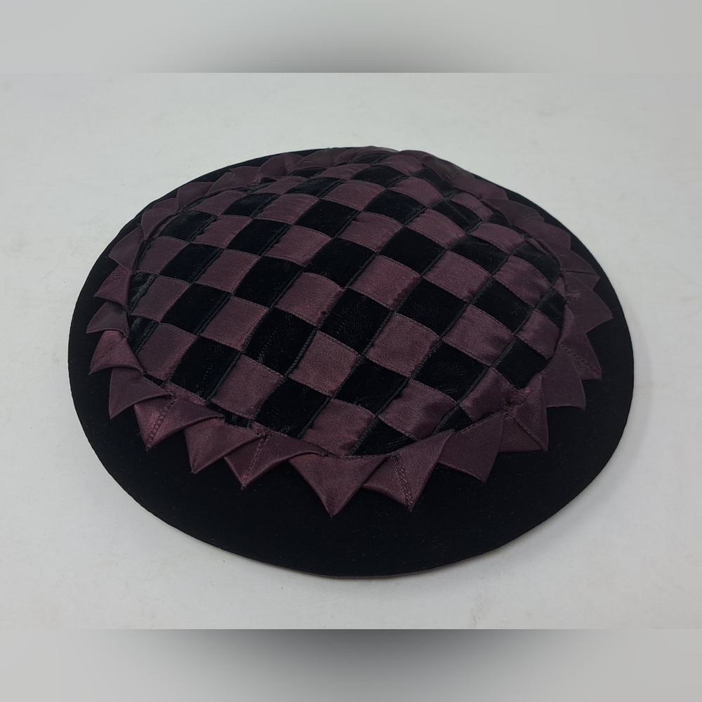 Bonwitt Teller Women's Hat Velvet Check Purple Black Vintage 70s 60s